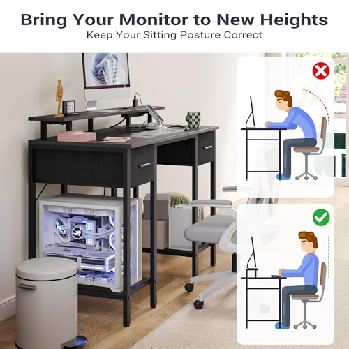 Furnify 42 Inch Computer Desk with Fabric Drawers & USB Power Outlet, Black | Built-In USB Charging Station, Study Writing Table with Monitor Stand, Multifunctional Workstation for Bedroom Studyroom - color: Black