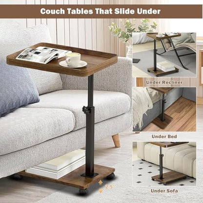 Modern C Shaped Tables Adjustable Height, 360° Swivel Bed End Tables with Wheels, Small Side Table for Couch Living Room (Walnut Color) - color: Walnut