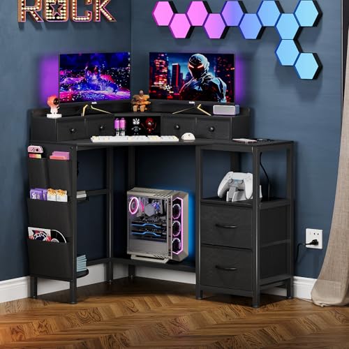 VENNQD Corner Desk with 6 Drawers Shelves for Small Space Computer Desk with Power Outlets,Gaming Desk with Printer Monitor Stand Storage for Home Office Workstation Writing Table (Black, 31.5) - color: Black