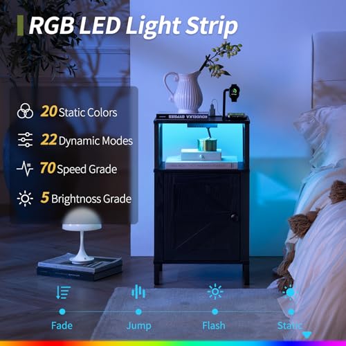 Yoobure Farmhouse NightStand with Charging Station，Wood Night Stand End with USB Ports, LED Bed Side Table with Storage Cabinet，Bedside Table for Bedroom, Living Room Black - color: Black