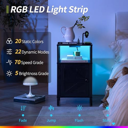 Yoobure Farmhouse NightStand with Charging Station，Wood Night Stand End with USB Ports, LED Bed Side Table with Storage Cabinet，Bedside Table for Bedroom, Living Room Black - color: Black
