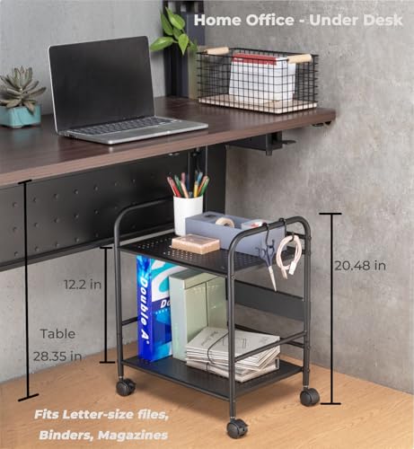 2-Tier Metal Rolling Cart, Compact Under Desk Storage Organizer | 12.2" clearance fits binders & tall bottles; anti-drop safety guard; small space mobile shelf for home, bedroom & office. - color: Black