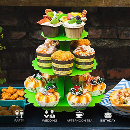 3-Tier Green Cupcake Stand 2-Pack, Premium Matte Finish, Easy 60-Second Assembly Heart Handle Design Dessert Tower for Christmas Thanksgiving Easter Graduation Wedding - color: Green 2 Pack