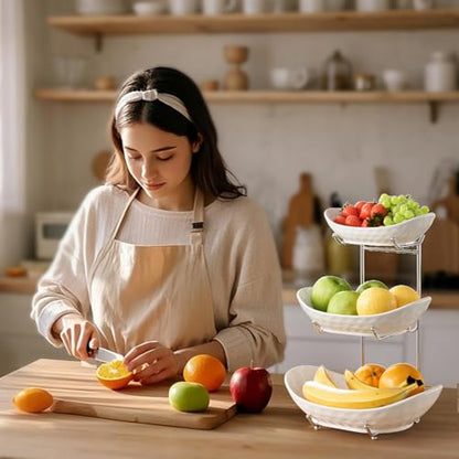 Fruit Bowl, 3 Tier Ceramic Fruit Basket, 3 Tier Serving Stand Serving Bowl with Metal Rack, Porcelain Kitchen Bowls for Fruit Vegetable Snack Nuts Dessert Cake Tray for Party Wedding - color: White