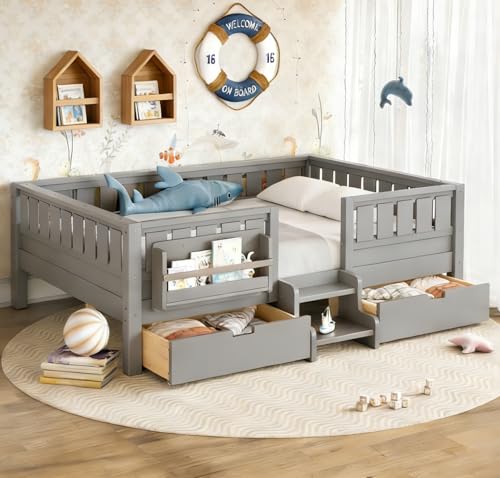 Bellemave Low Platform Bed Full Size with Built-in Bookshelves and 2 Drawers for Kids, Montessori Bed with Staircase and Guardrails, for Children, Pine Wood, No Box Spring Needed (Full,Gray,Drawers) - color: Grey, size: Full-Drawers