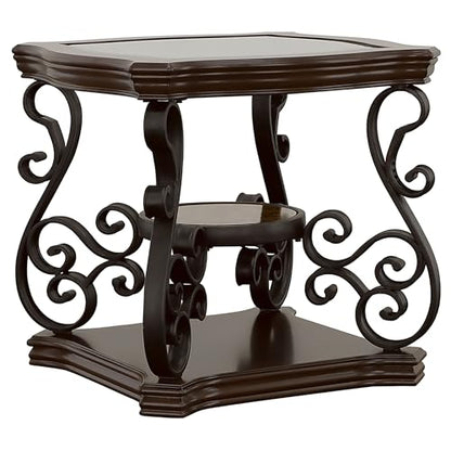 Coaster Home Furnishings - Laney - 1-Shelf Glass Top Rectangular End Table with Metal Legs, Scrollwork Design and Polished Wood Surface - Living Room - 26-Inch - Dark Merlot - 702447