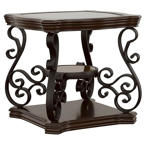 Coaster Home Furnishings - Laney - 1-Shelf Glass Top Rectangular End Table with Metal Legs, Scrollwork Design and Polished Wood Surface - Living Room - 26-Inch - Dark Merlot - 702447