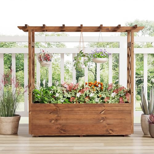 Giantex Raised Garden Bed with Sided Trellis & Roof, 45”x16”x41” Wood Elevated Planter Box, Freestanding Garden Planter Raised Bed for Flowers Herbs Climbing Vines,Brown,1 - color: Brown, size: 45”x16”x41”