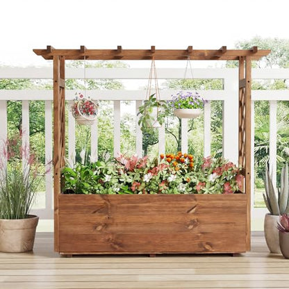 Giantex Raised Garden Bed with Sided Trellis & Roof, 45”x16”x41” Wood Elevated Planter Box, Freestanding Garden Planter Raised Bed for Flowers Herbs Climbing Vines,Brown,1 - color: Brown, size: 45”x16”x41”