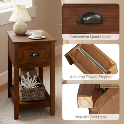 Giantex End Table with Drawer Set of 2, Retro Narrow Side Table, Nightstand with Solid Wood & Storage Shelf, Bedside Table for Living Room Bedroom Small Space Home Office (2, Walnut) - color: Walnut
