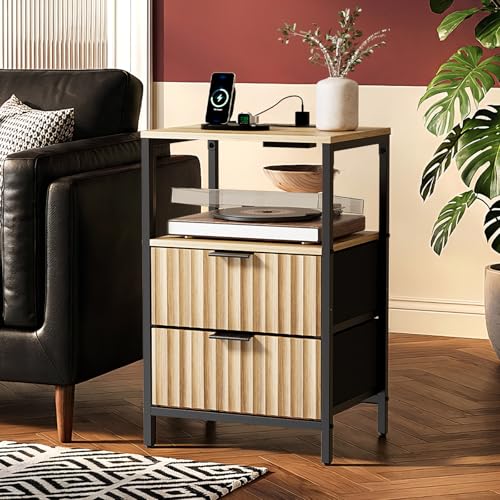VINGLI Nightstands Set of 2 with Fabric Drawers, Fluted Nightstand with Charging Station, Oak Night Stand Set 2, Bed Side Tables with Drawers Fabric, End Tales Bedroom with Charger Station - color: Oak, size: 15"W-2 Drawer 1 Shelf