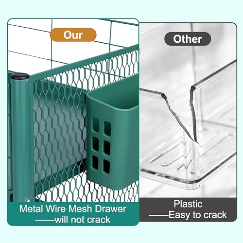 3 Tier Rolling Storage Cart Metal Utility Cart with Wheels | Office Organizer with Hooks & Hanging Cups, Mobile Shelving Unit for Kitchen Nursery Craft Snack Book - color: Emerald Green