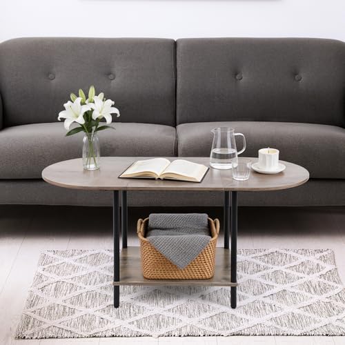 Small Coffee Table,35.4'' Oval Coffee Table with Storage Shelf & Metal Frame,Low Cocktail Tea Accent Table for Apartment,Modern Mid Century Small Living Room Table,Rustic Grey - color: Grey