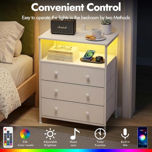 3-Drawer LED Nightstand Set 2 with Charging Station, White | Engineered Wood and Steel, 2 AC and 2 USB ports, 24 Inch Wide, RGB App Control, Fabric Drawers, Open Storage Shelf - color: White, 2 Pack