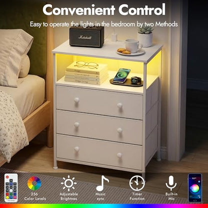 3-Drawer LED Nightstand Set 2 with Charging Station, White | Engineered Wood and Steel, 2 AC and 2 USB ports, 24 Inch Wide, RGB App Control, Fabric Drawers, Open Storage Shelf - color: White, 2 Pack
