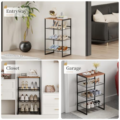 4 Tier Metal Shoe Rack, Sturdy Steel Frame with Rust-Proof Coating, MDF Top, Adjustable Flat Inclined Mesh Shelves, Anti-Tip Scratch-Resistant Feet, Sleek Show Rack for Entryway, Hallway, Garage - size: 4 Tier (16.5″x11.8″x27.8″)