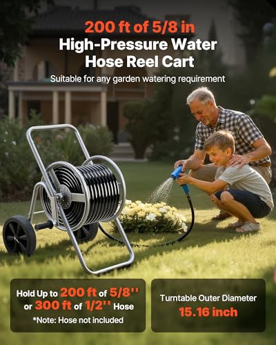 VEVOR Hose Reel Cart, 200/300 ft High-Pressure Garden Hose Cart, Hoses Reel Carts with Two Wheels, Handle & Heavy-Duty Mesh Storage Basket, Portable Hoses Reels for Garden Watering, Car Washing - style: 200 ft