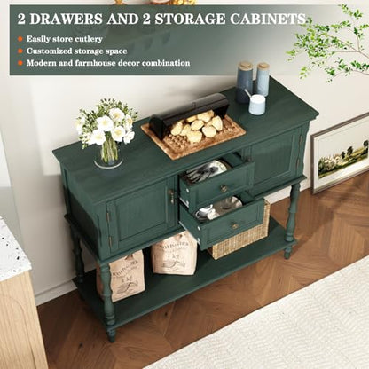 ARTPOWER Console Table with 2 Drawers, Retro Entryway Table with 2 Door Cabinets and Open Storage Shelf, Narrow Long Behind Couch Sofa Table for Living Room, Foyer, Hallway, Green - color: Green