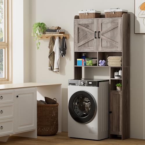 Homhedy Wooden Over The Toilet Storage Cabinet with Barn Door | Freestanding Bathroom Storage, Toilet Paper Holder, Adjustable Shelf,Space-Saving, Farmhouse Style, Greige - color: Greige