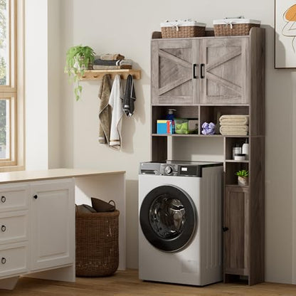 Homhedy Wooden Over The Toilet Storage Cabinet with Barn Door | Freestanding Bathroom Storage, Toilet Paper Holder, Adjustable Shelf,Space-Saving, Farmhouse Style, Greige - color: Greige
