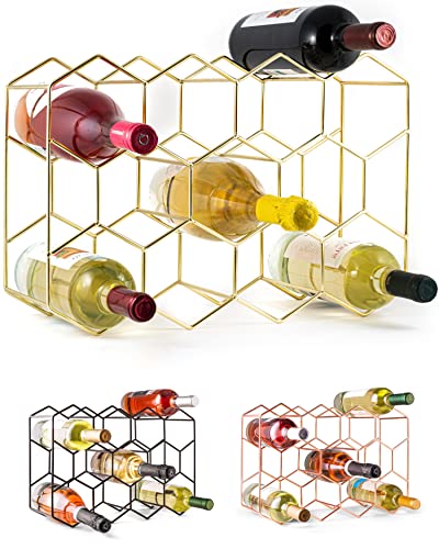 Gusto Nostro Countertop Wine Rack - 14 Bottle Freestanding Modern Gold Metal Small Wine Rack - 3 Tier Tabletop Wine Holder Stand for Cabinet, Pantry, Wine Bottle Storage - No Assembly Required - color: Gold