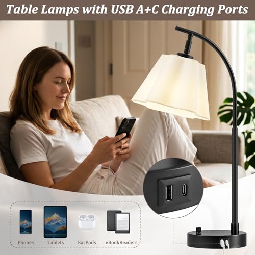 GyroVu Table Lamp Set of 2, Bedside Table Lamp with USB C+A Ports, Stepless Dimmable Nightstand Lamp, Small Cute Bedroom Lamps, Flower Lamp for Bedroom, Living Room, Home Office(Bulbs Included, Black) - color: white shade & black base