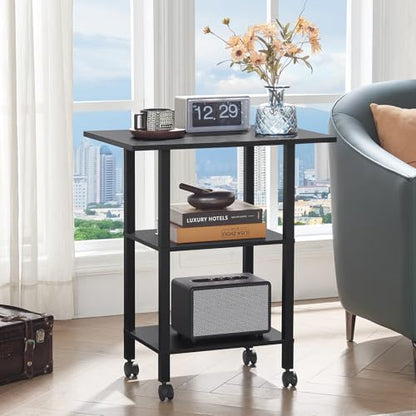 YUFAM 3 Tier Home Printer Stand with Storage, Black | Wooden Mobile Printer Table Shelf, Rolling Printer Cart Shelf with Lockable Wheels fit Fax Machine, Scanner - color: Black, size: 15.75"D×23.65"W×25.7"H