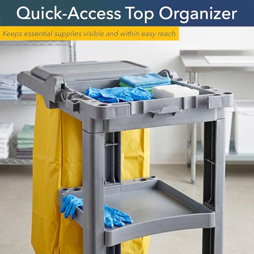 44” x 18” x 38” Grey 3-Shelf Janitorial Cart Kit - Commercial Housekeeping Cart with Yellow Bag, Black Zippered Bag, Lid, Folding Handle for Hotels, Offices, Schools - 175 lb Capacity - size: Small (Grey)