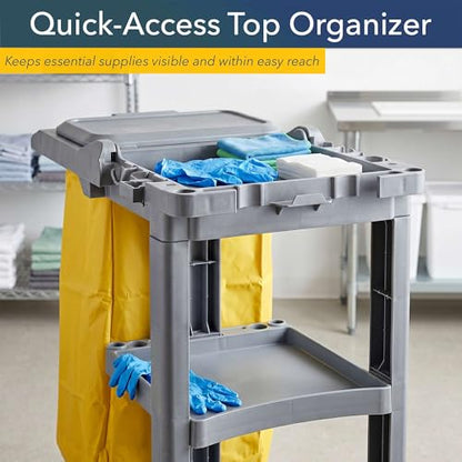44” x 18” x 38” Grey 3-Shelf Janitorial Cart Kit - Commercial Housekeeping Cart with Yellow Bag, Black Zippered Bag, Lid, Folding Handle for Hotels, Offices, Schools - 175 lb Capacity - size: Small (Grey)