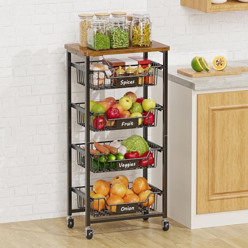 CHLORYARD 5-Tier Vegetable Fruit Basket Kitchen Storage Rolling Cart on Wheels with Pull-Out Baskets and Wood Top for Kitchen Diningroom Pantry - color: Black, size: 5 Tier