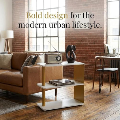 3-Tier Narrow End Table, Industrial Slim Side Table for Small Spaces, Sofa Couch Table Accent Nightstand with Storage Shelves for Living Room, Bedroom, Gold and White - color: Gold