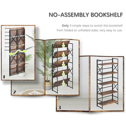4NM 5 Tiers No Assembly Book Shelves, 51.2" H Folding Bookshelf Bookcase Open Industrial Foldable Shelves for Bedroom, Living Room, Home Office - Rustic Brown Black - color: Rustic Brown Black, size: XX 5-Tier