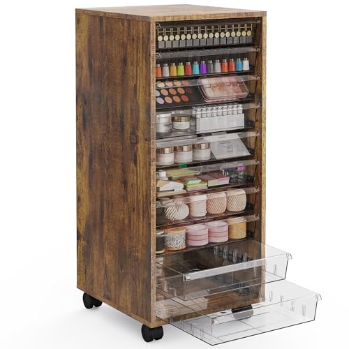 WOPITUES Storage Drawer Cart, Mobile Storage Cabinet, Makeup Storage with 10 Large Clear Drawers, Utility Wooden Rolling Cart on Wheels, for Cosmetic, Art Craft, Office Supplies, Toy, Brown - color: Brown, size: 10M