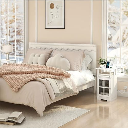 Nightstand with Charging Station,White End Table Modern Side Table with USB Ports and Outlets, Mid-Century Bedside Table with Storage for Bedroom Living Room MLBZ08WE