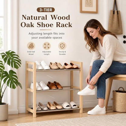 Shoe Rack Wooden, Oak Expandable Shoe Organizer, 3-Tier Stainless Steel Shoe Shelf, 17.7“-31.4” Shoe Storage 6-12 Pairs, for Closet, Garage, Narrow Spaces, Entryway, Door Entrance