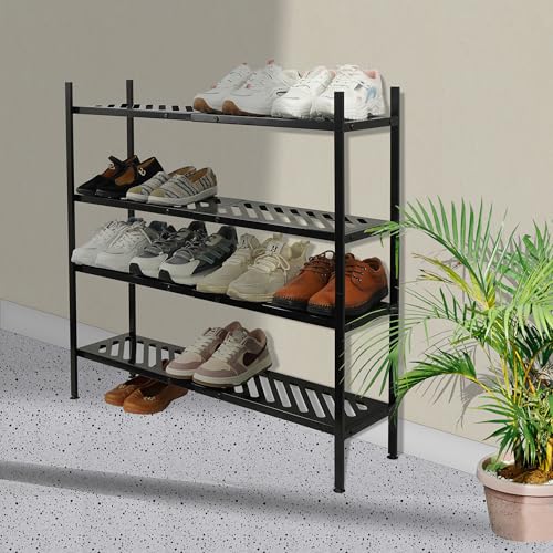 Shoe Rack, 4-Tier FreeStanding Shoe Shelf Stand, Stackable Shoe Storage Organizer for Closet, Holds up to 20-24 Pairs of Shoes for Entryway, Garage, Front Door Entrance, Metal, Black - size: 4 Tier