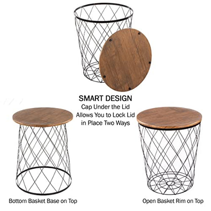Lavish Home End Tables - Round Nesting Tables Set of 2, Brown Woodgrain | 17.5”/15.5” Side Tables with Removable Wood Tops & Metal Basket Bases for Blanket Storage, Living Room, Bedroom & Home Office - color: Black Diamond