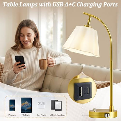 Gold Table Lamp Set of 2, Bedside Table Lamp with USB C+A Ports, Stepless Dimmable Nightstand Lamp, Small Cute Bedroom Lamps, Flower Lamp for Bedroom, Living Room, Home Office(Bulbs Included, Gold) - color: white shade & gold base