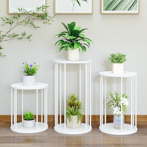 Plant Stand Indoor,small plant stool,Flower Pot Corner stand holder,Mid Century Heavy Duty Metal Tall Home Decor,Modern Round End Table,Small Rustic Display Stand for Living Room,Bedroom (White,3 Packs) - color: all size white set 3