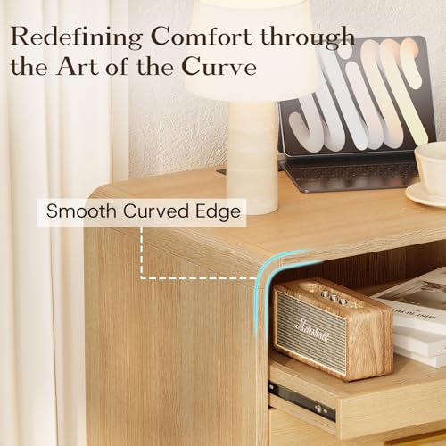 20” Wide Modern Nightstand with Charging Station,2 Drawer End Table with Pull-Out Shelf,Curved Profile Design,Wood Side Table for Bedroom