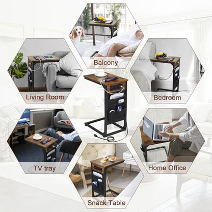 AMHANCIBLE C Shaped End Table with Charging Station, Couch Side Tables that Slide Under Sofa with Storage Bag, Slim TV Tray with USB Ports for Living Room, Bedroom, Rustic Brown HET04CBR - color: Rustic Brown