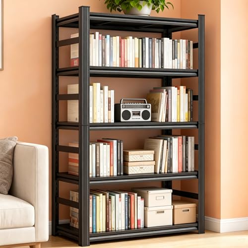 Bolt-Free Metal Bookshelf, Adjustable Tall Bookcase with Anti-Drop Fence, Heavy Duty Deep Book Shelf, Large Office Bookshelf, Modern Storage Shelves for Bedroom, LivingRoom, Garage - size: 5-Tier 36"W x16"D x71"H