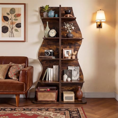 VECELO 2 Pcs Wavy Corner Shelf, Decorative 5-Tier Storage Bookshelf, 70.1” Tall Freestanding Display Bookcase for Small Spaces, Living Room or Bedroom, Rustic Brown - color: Brown, size: 2pcs