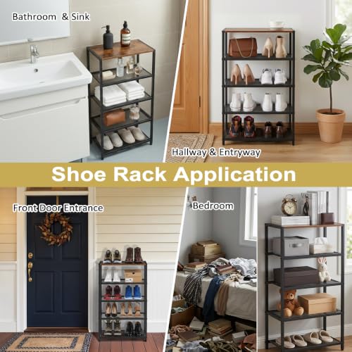 5 Tier Narrow Shoe Rack Shelf for Front Door Entrance, Entryway, and Closet Shoe Organizer with 4 Sturdy Metal Mesh Shelves and Wooden Top, Holds 10 Pairs, Ideal for Shoe Storage or Display - size: 17"D x 10.24"W x 30.7"H