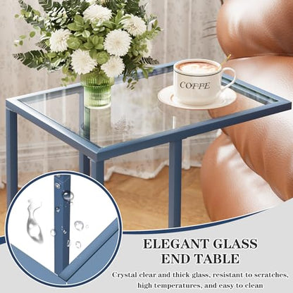 C Table End Table, Glass Couch Side Table, Tempered Glass Snack Side Table with Metal Frame, TV Tray Table for Small Space, Sofa Couch Side Tableand Bed Side Table(Blue) - color: Blue