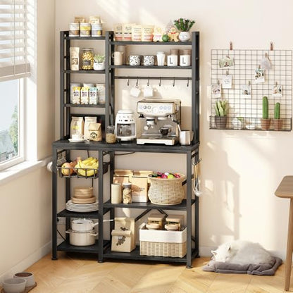 SNTD 6-Tier Bakers Rack with Power Outlets, 36 x 14.6 x 72 in, Rustic Black | Large Capacity for Small Appliances, Stable Metal Frame with Wood Shelves, Pull-Out Basket, 14 Hooks - color: Rustic Black
