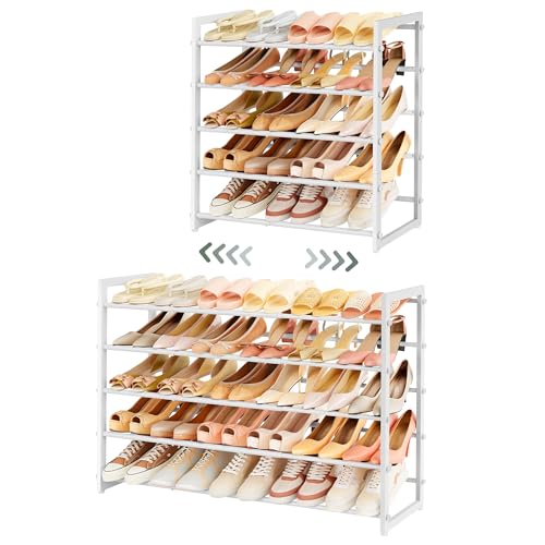 FAVOOSTY 5-Tier Expandable Shoe Rack, Adjustable Shoe Shelf Storage Organizer Space Saving Metal Free Standing Shoe Rack for Entryway Closet Doorway, White (White, 5 Tier) - color: White, size: 5 Tier