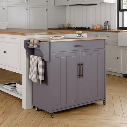 Kitchen Island with Storage, Wooden Countertop Rolling Kitchen Island On Wheels Storage Cabinet, Mobile Kitchen Island Cart with Towel Rack, Spice Rack and Drawers, Grey - color: Grey