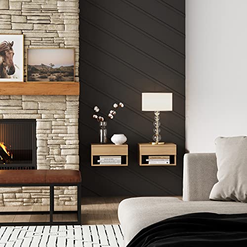 Nathan James Jackson Wall Mounted Floating Bedroom Nightstand with Storage Drawer and Modern Open Shelf Cubby Set of 2, Light Oak Wood - color: Light Oak, size: Set of 2