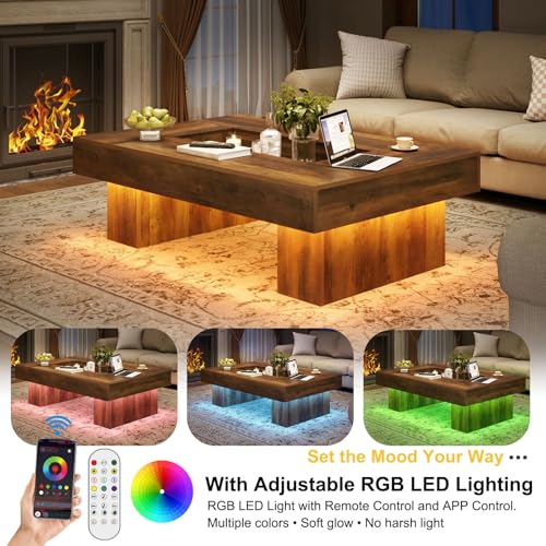 LVB Coffee Table, Modern Wood Led Living Room Table with Storage, Farmhouse Large Rectangle Center Table with LED Light, Unique Wide Low Tea Table for Living Room Home Office, 47.24 in, Rustic Oak - color: Rustic Oak